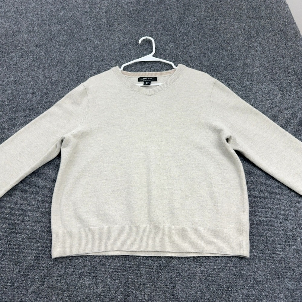 Mark Law Sweater Mens L Tan Merino Wool V‎ Neck Minimalist Classic Office
